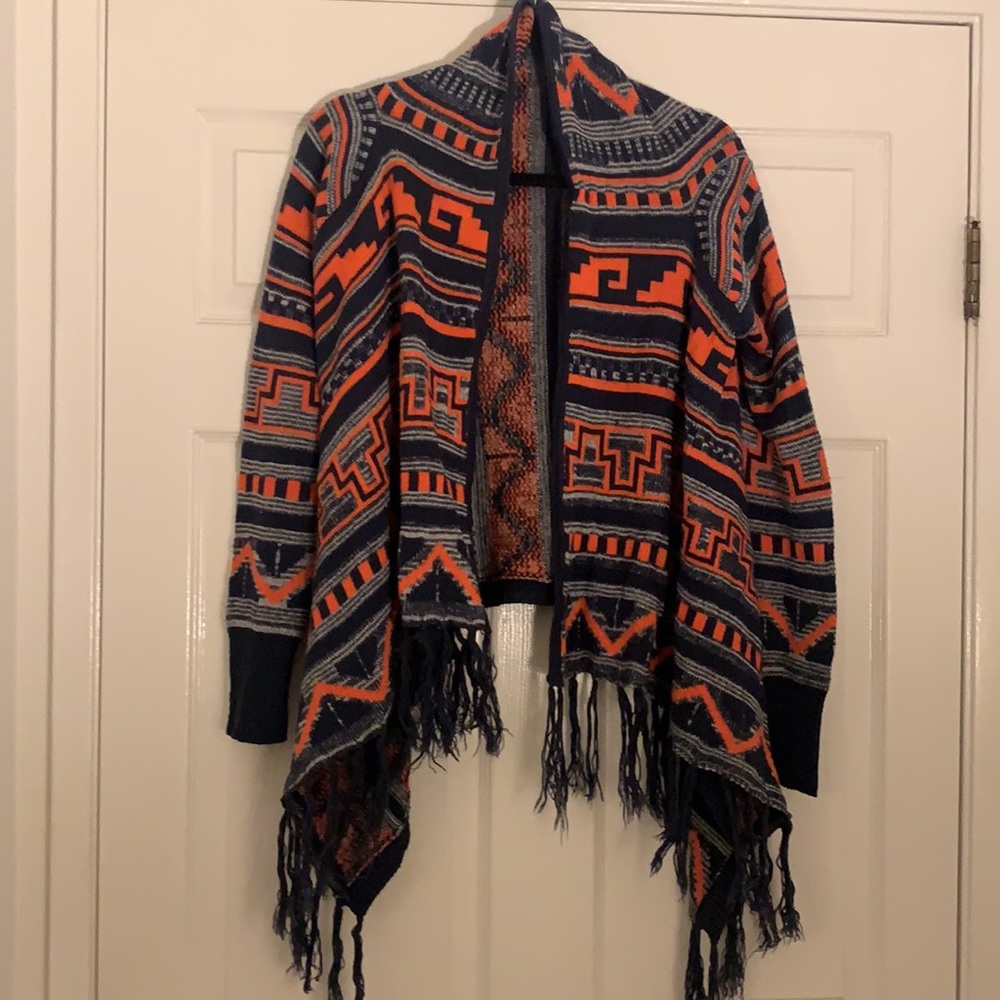Orange and blue, not quite a poncho, shawl sweater!
